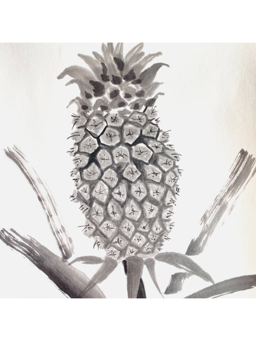 Backyard Pineapple Original Art Asian Style Sumi-e Ink Watercolor Painting 11x14